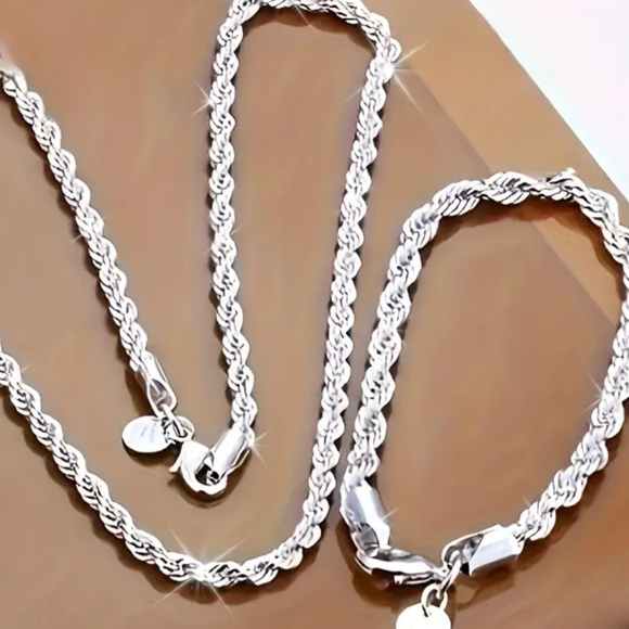Rope Necklace & Bracelet Set Sterling Silver 4mm - Picture 1 of 4
